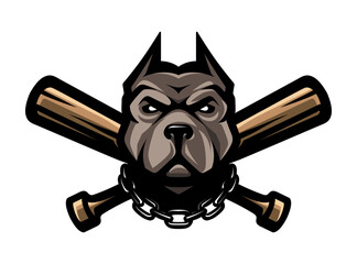Pit Bull and crossed baseball bats. Fighting dogs symbol, sport mascot. T-shirt print.