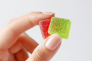Bright and colorful gummy candies held between fingers in natural light