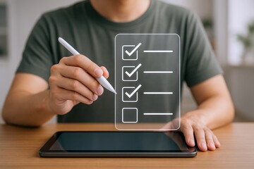 Digital Checklist: Man Completing Online Form on Tablet with Stylus, Representing Efficiency and Organization