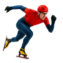 Male speed skater racing on ice in a red uniform  