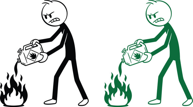 Stick figure arsonist pouring fuel on fire cartoon illustration