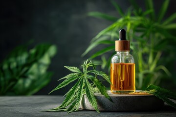 Fototapeta premium Golden oil dropper bottle surrounded by green leaves in a natural setting showcasing wellness and relaxation