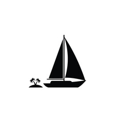 Black sailboat and island icon palm trees