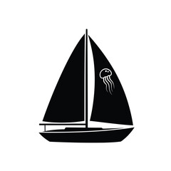 Black sailboat with jellyfish icon sailing water