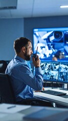 Security guard monitoring multiple cameras in a control room
