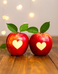 Two red apples with heart carvings