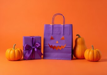 Halloween shopping bag with jack-o-lantern face and pumpkins on orange background gift bag