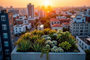 Fototapeta premium Sunset Over an Urban Rooftop Garden from Above