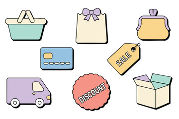 Cute Pastel Shopping Icons:  E-commerce, Retail, and Online Purchases