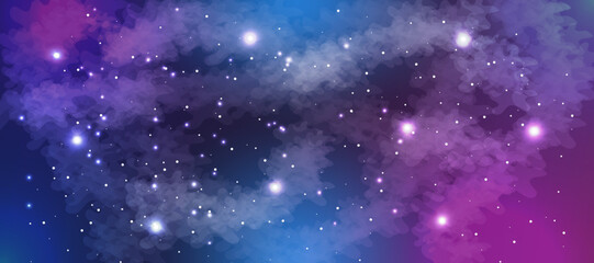 Space galaxy background with many stars. Realistic colorful cosmos with nebula and milky way. Space infinity with milky way starlight glow astronomical vector background