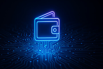 Neon glowing digital wallet icon over futuristic circuit board background, secure cryptocurrency payment technology, blockchain financial transaction concept, virtual money storage, fintech innovation