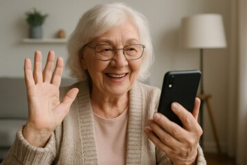 Smiling senior woman waving her hand while enjoying a video call on her smartphone, connecting with loved ones from the comfort of home