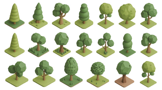 Isometric Tree Collection for Game Development or Landscape Design Green Low Poly Trees Different Shapes and Sizes on Isolated White Background