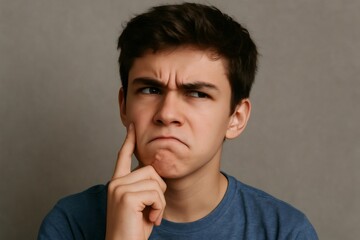 Obraz premium Portrait of a thoughtful teenager resting his hand on his chin, deeply contemplating his feelings and reflecting on important decisions