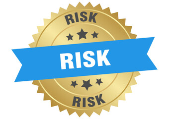 risk. risk round blue and gold label isolated on transparent background