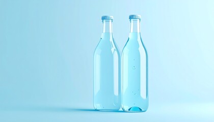 Two clear water bottles against light blue background