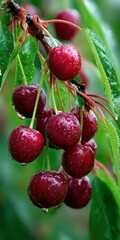 Obraz premium Close-up of a cluster of ripe, dark red fruit with water droplets, attached to branch with leaves