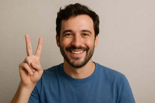 Cheerful young adult smiling and making a peaceful gesture with his hand, radiating positivity and joy in a casual studio setting - Powered by Adobe