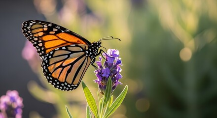 Fototapeta premium Monarch butterfly feeding on a purple lavender flower