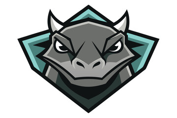 Gray dragon with white horns peers forward intensely inside geometric turquoise shape on white