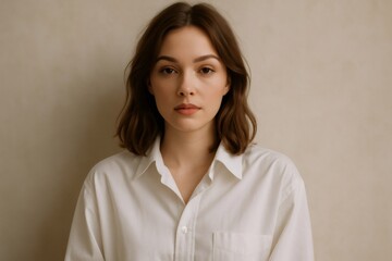 Portrait of a young Caucasian woman with short brown hair wearing a white shirt, representing minimalist chic fashion
