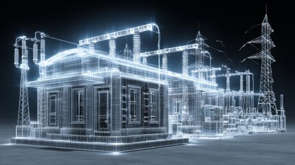 Electrical substation glowing wireframe blueprint