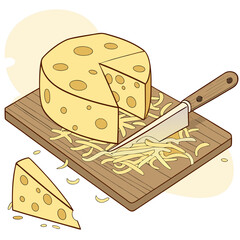 Cheese Wheel Illustration – Sliced and Shredded Cheese on Wooden Board