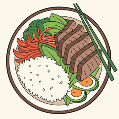 Beef Rice Bowl Illustration – Asian Cuisine with Vegetables and Eggs