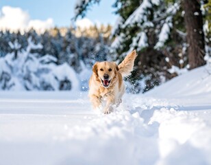 Golden retriever running in snow