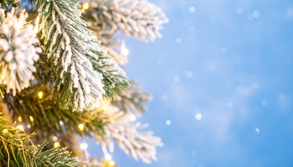 Glimmering Frost: An intimate, vertical detailed view of icy pine needles beautifully adorned with softly glowing fairy lights, creating a magical ambiance on a smooth pale blue canvas