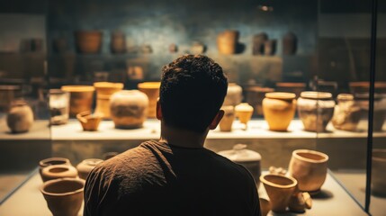 Person observing ancient pottery in a museum.