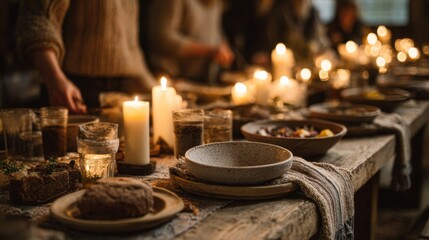A rustic dining table set with candles, bowls, and bread. Soft lighting creates a warm atmosphere. People are gathered, enjoying a meal together.