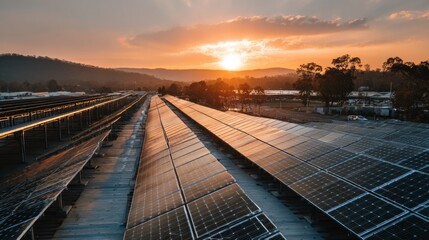 Drone view of solar panel array during dusk