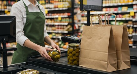 Supermarket checkout scene showcasing a cashier scanning jarred olives with paper bags