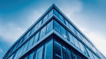 Obraz premium Modern Office Building Exterior with Glass Facade and Blue Sky Background for Commercial Use
