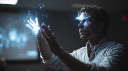 A young Caucasian man with short brown hair uses augmented reality technology, projecting light from his hands in a dimly lit room.