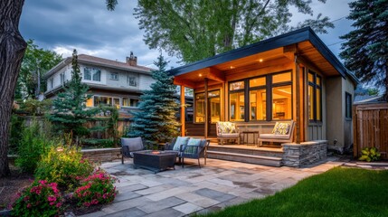 Fototapeta premium Backyard Retreat: Modern Garden Suite Design with Outdoor Living Space and Cozy Firepit