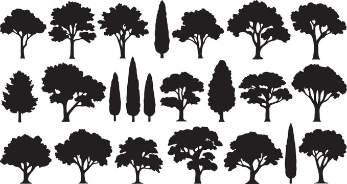 Collection of diverse tree silhouettes including deciduous and cypress varieties on a white background