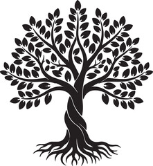 Fototapeta premium Black silhouette of a stylized tree of life with twisted trunk and roots white