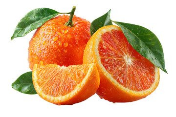 Freshly picked vibrant oranges glistening with water droplets, showcasing juicy segments and lush green leaves, perfect for health and wellness themes.