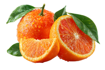 Freshly picked vibrant oranges glistening with water droplets, showcasing juicy segments and lush green leaves, perfect for health and wellness themes.