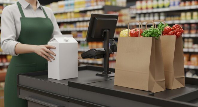 Supermarket checkout scene with cashier scanning items at the counter efficiently