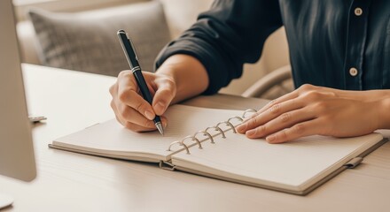 Naklejka premium Person Writing in a Notebook with a Pen on a Bright Desk, Close-up View for Business Concepts