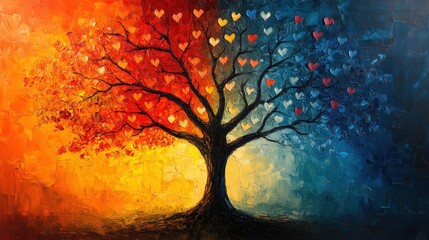 Vibrant tree of hearts in a warm and cool dichotomy