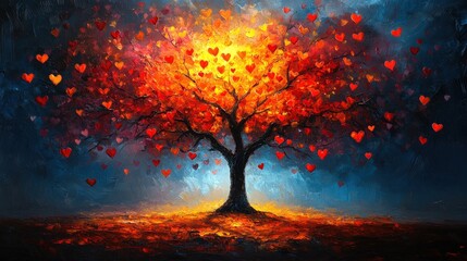 Vibrant tree, hearts, warm colors