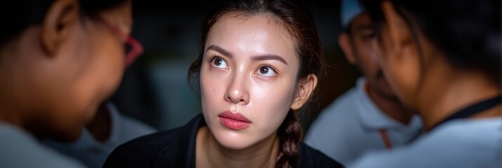 Engaged Thai Production Team in Close Huddle Discussing Creative Ideas and Collaborative Strategies in High Fidelity Setting