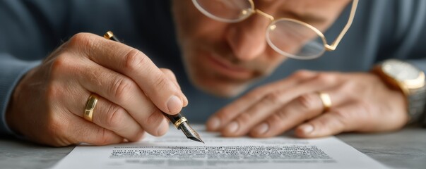 Expert Reviewing Policy Tariff Clause with Pen and Glasses in Detailed Business Environment