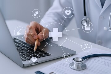 Healthcare Professional Using Laptop with Medical Icons Overlaying Screen for Telemedicine and Digital Health Solutions