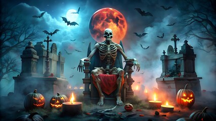 Spooky skeleton king on a throne in a haunted graveyard under a blood moon on halloween night