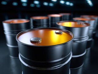 Stacked Barrels of Shiny Oil in a Large Warehouse Environment Under Dramatic Lighting
